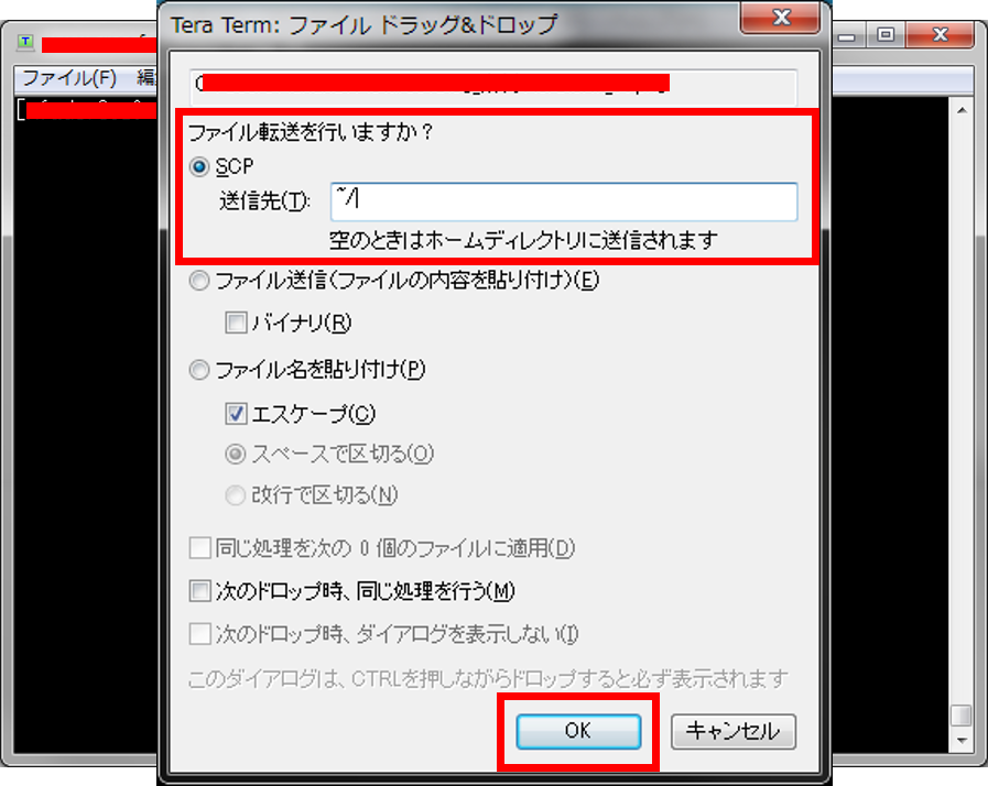 SCPを選択して送信先に"~/"と入力